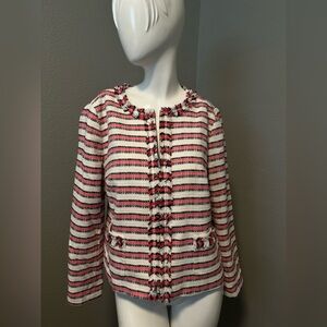TALBOTS Women's Striped- Pink, Black, White Fringed LS Zip Jacket Blazer Size 12
